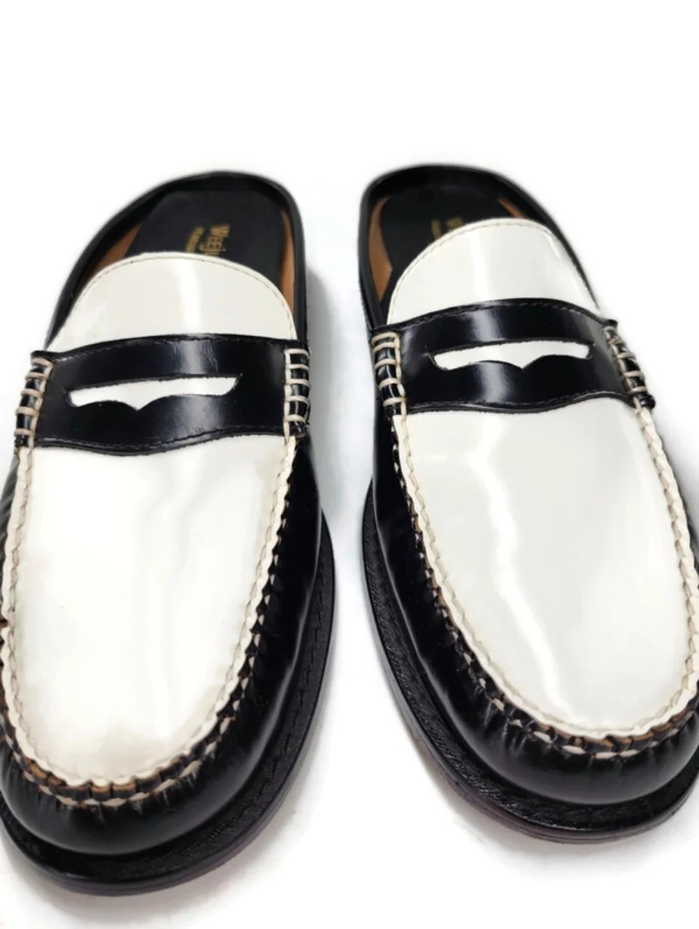 G.H. Bass Weejuns Wynn Black & White Leather Handsewn Slip-On Penny Loafer Mules - Picture 6 of 13